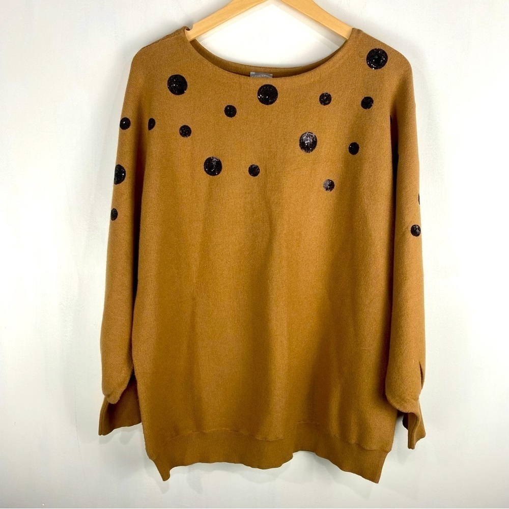 Chico's Polka Dot Scattered Sequins Balloon Puff Sleeve Sweater‎ Camel 2 (Large)